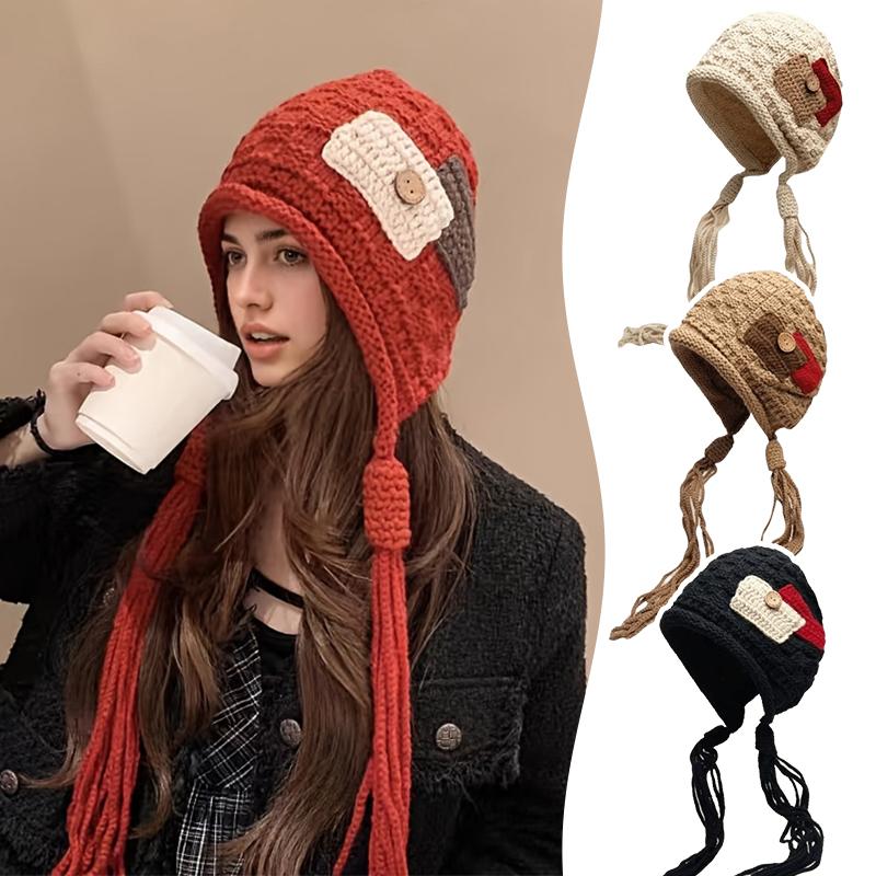 1PC Handmade Red Tassel Soft Knit Fashionable Wool Trendy Hat Handmade Braid Warm