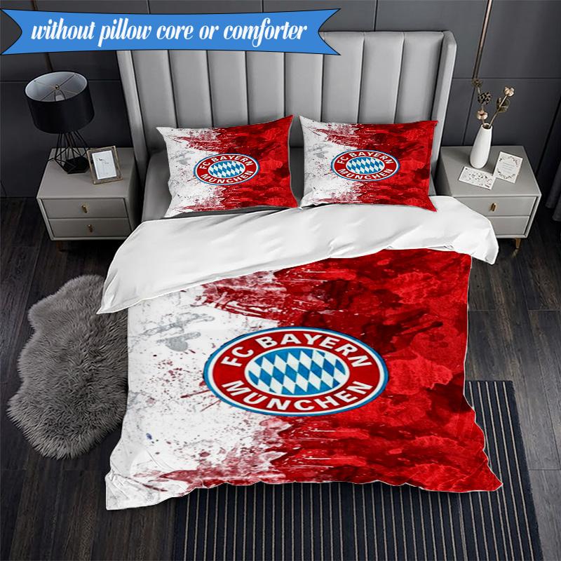 Zestaw pościeli miękkiej z nadrukiem FC Bayern München, 3 sztuki, w tym 1 poszewka na kołdrę i 2 poszewki na poduszki, idealny do sypialni, akademika, prezent dla fana