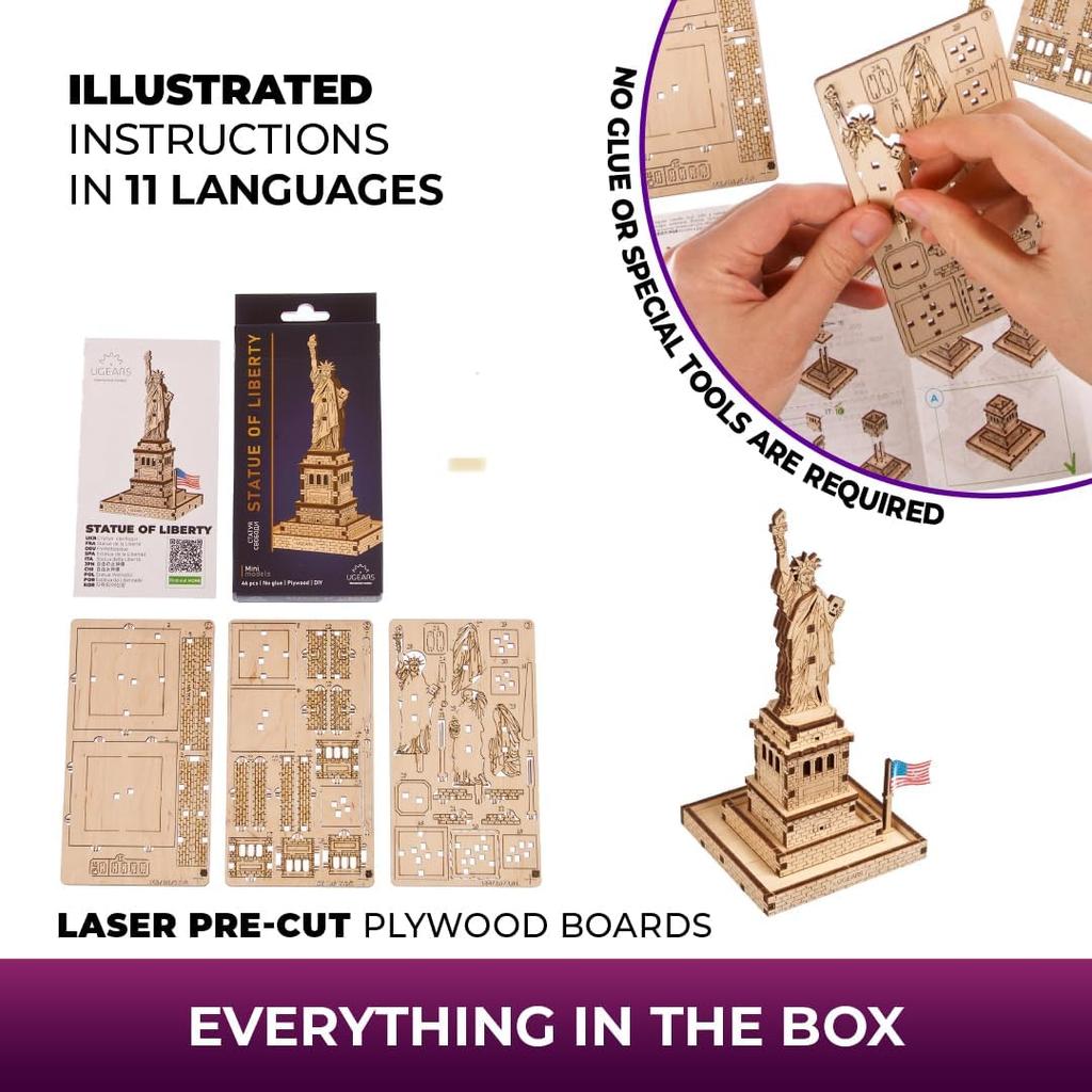 Ugears Statue of Liberty 70247 Wooden Puzzle No Glue or Tools Required 3D Puzzle Includes Assembly Instructions - - - - Beginner-Friendly