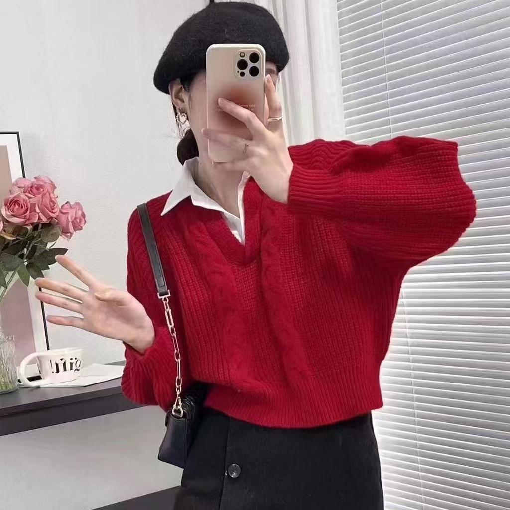 Korean Fake Two Piece Cable Knit Sweater Women Autumn Design Pullover Loose Slim Outerwear Top