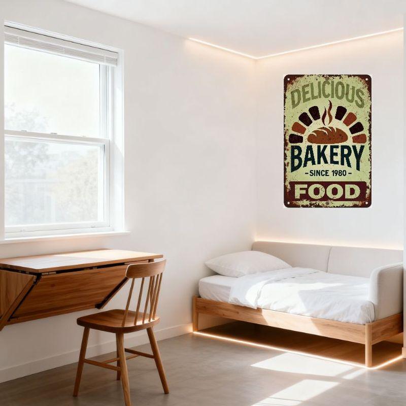 Vintage Rustic Metal Tin Sign, Delicious Bakery Since 1980, Bread Illustration, Food Decor for Home Cafe Bar Restaurant Man Cave