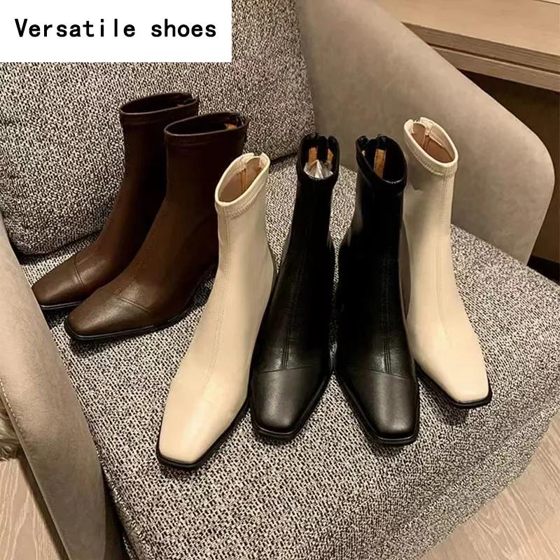 Autumn Winter Warm Cotton Women Ankle Boots Fashion Square Toe Short Booties Ladies Concise Thick High Heels Shoes