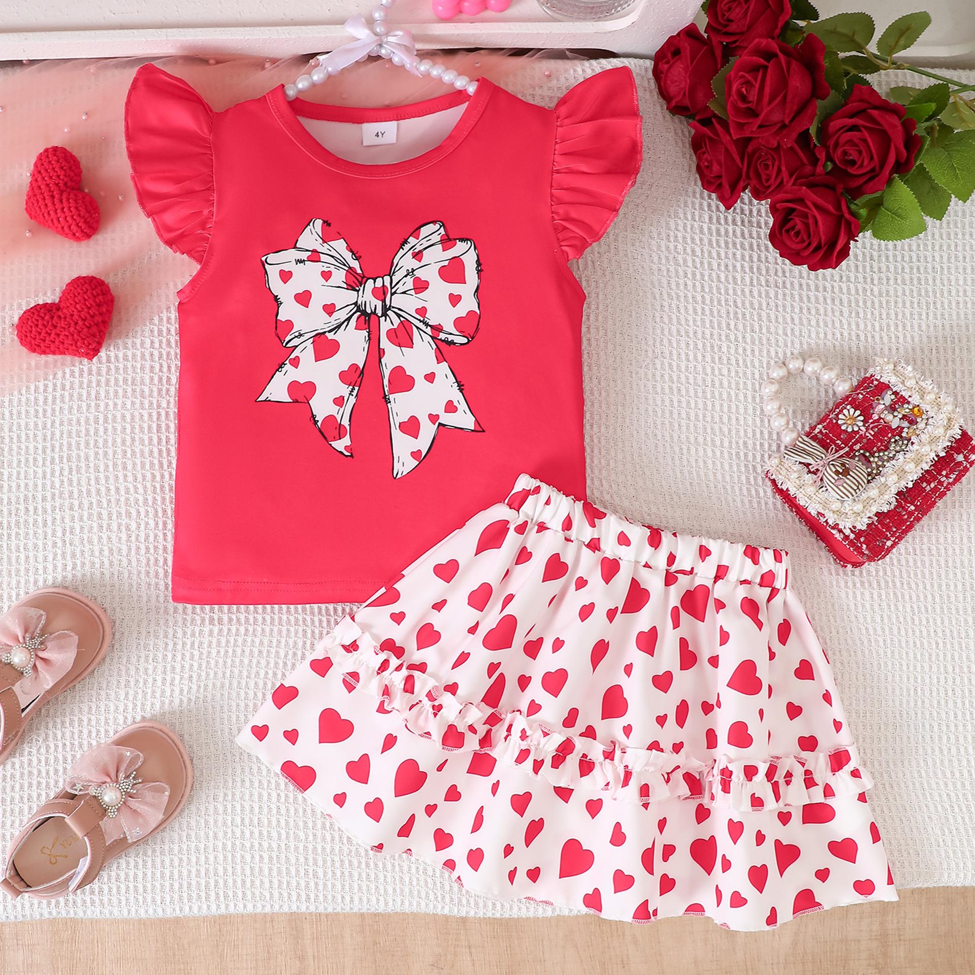 Girls  Valentine s Day Heart Bow Top & Print Skirt Set 4Y красный