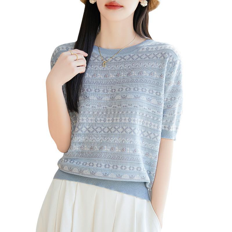 Women Light Blue Fair Isle Jacquard Knit Crew Neck Short Sleeve Casual Knit Top