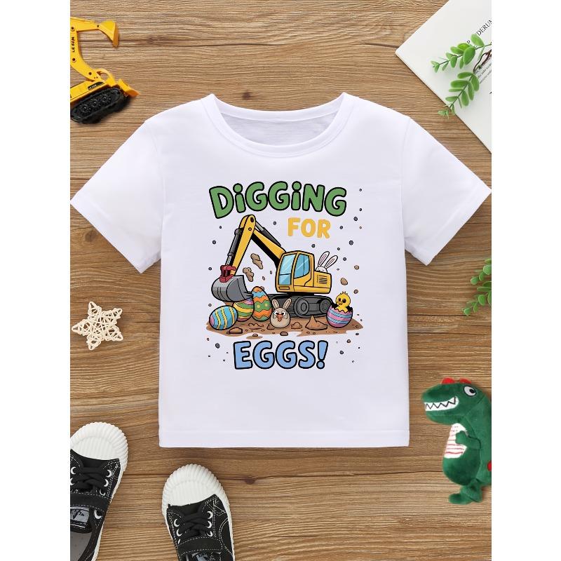 European sizes Easter WML Boys "Digging for Eggs" Fashion Egg Digger Print Casual Spring/Summer Short Sleeve T-Shirt