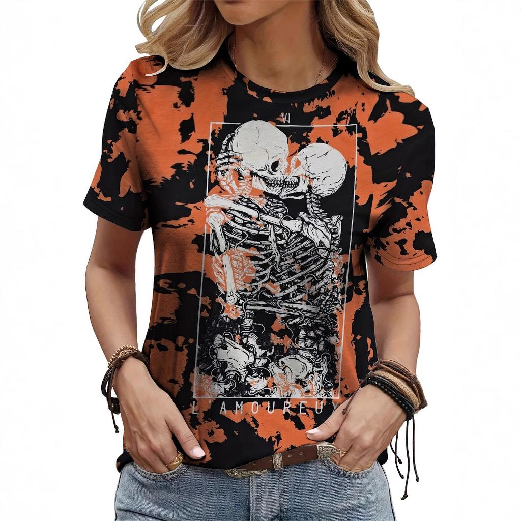 Summer Round Neck 3D Kull Print Top Fashionable Casual Short Sleeved Women's T-shirts