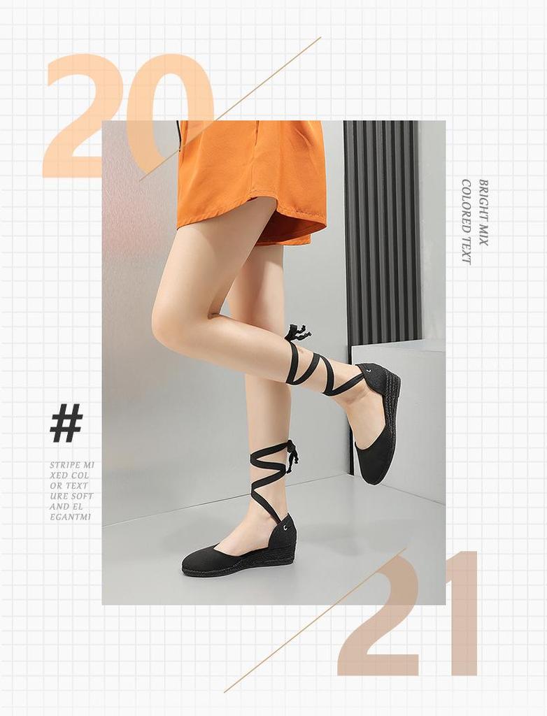 Women's Lace-Up Wedge Heel Straw Sandals - 2024 Spring/Summer Fashion Collection