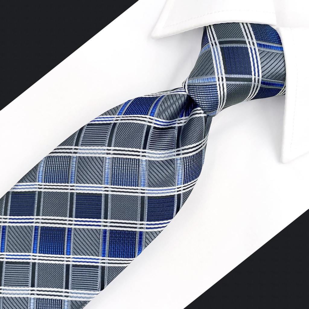 SHLAX&WING Long Tie for Men, Blue Check Pattern, Silk, 160cm, XL