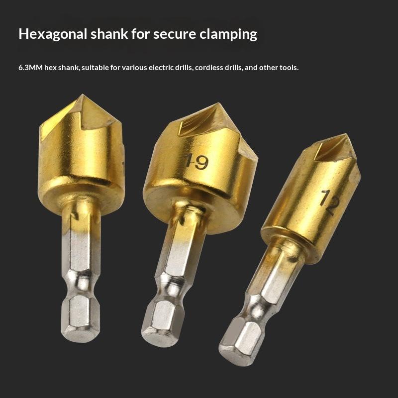 3/6Pcs Hexagonal Handle Titanium Plated Five Edge Chamfering Knife Countersunk Drill 6-19Mm Woodworking Spot Facer Tool Set