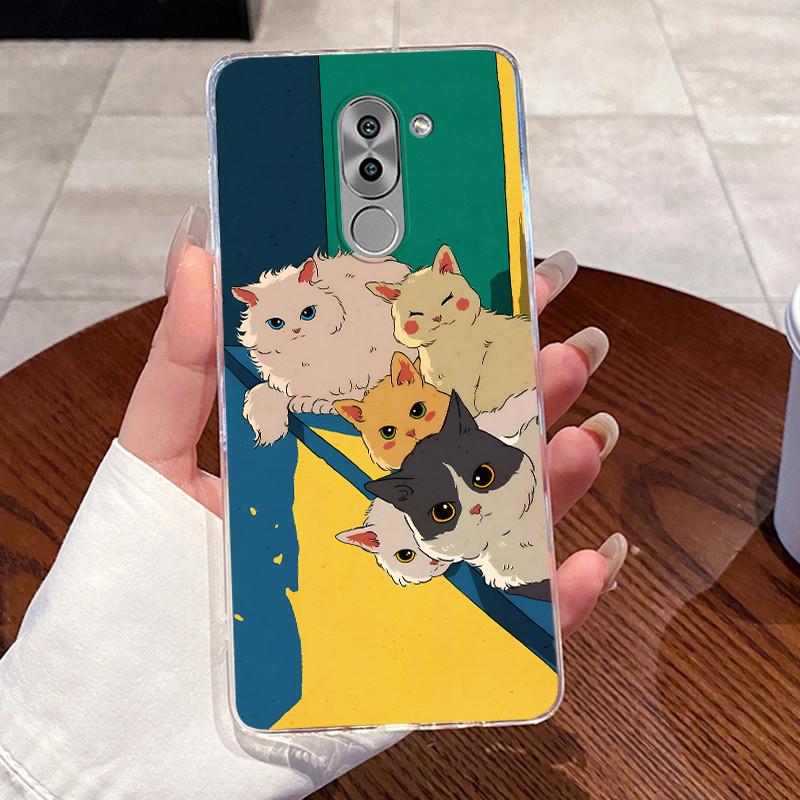 Casing For Huawei GR5 2017 / Mate 9 Lite / Honor 6X Case Aesthetic Cute Cat Cartoon Soft Silicone Transparent Back Cover Bumper