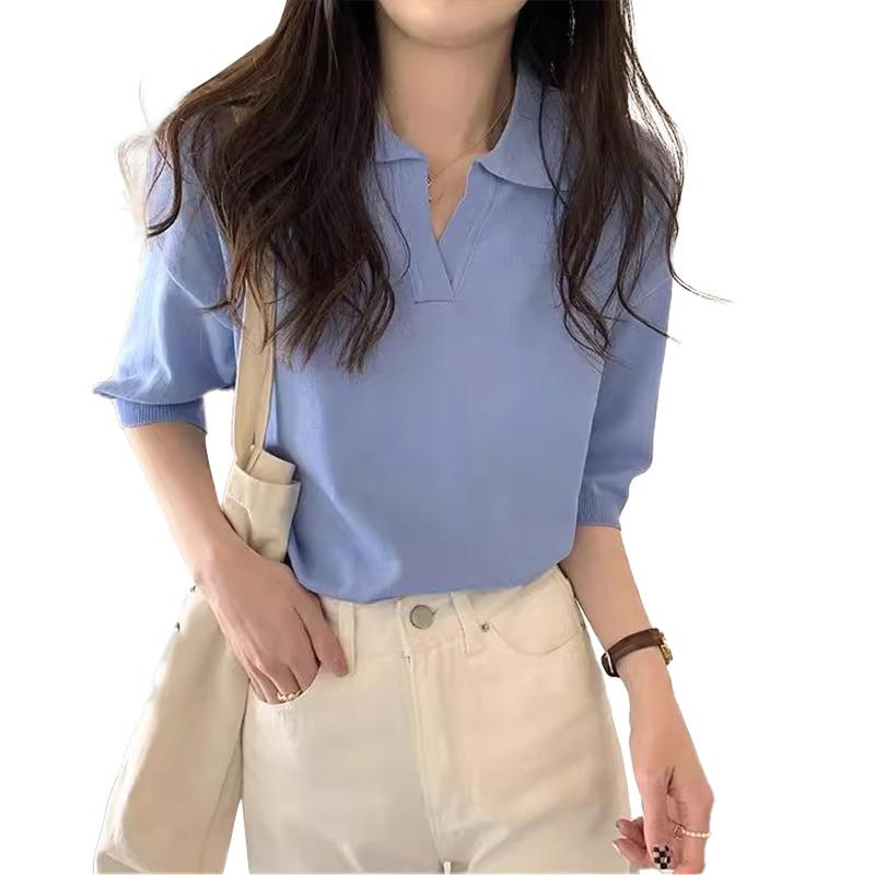 

Женский топ с однотонным лацканом и короткими рукавами, трикотажные топы One Size