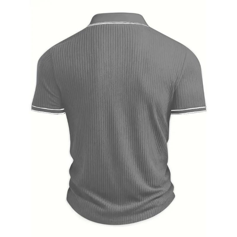 Camisa Polo de Punto de Canalé Vertical Negro para Hombre Cuello con Ribete Blanco de Contraste Manga Corta Top Casual