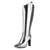 Stivali Lunghi Western Quadrati in Pelle Dorata con Tacco Chunky Oblungo per Donna, Stivali Lunghi con Zip da Cowgirl per Abito Bianco da Festa Invernale