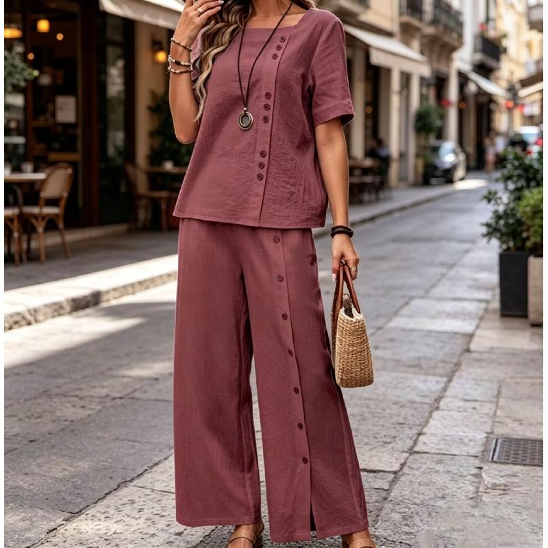 Women's Fashionable Loose Round-neck Button Short-sleeved Shirt and Wide-leg Pants Set