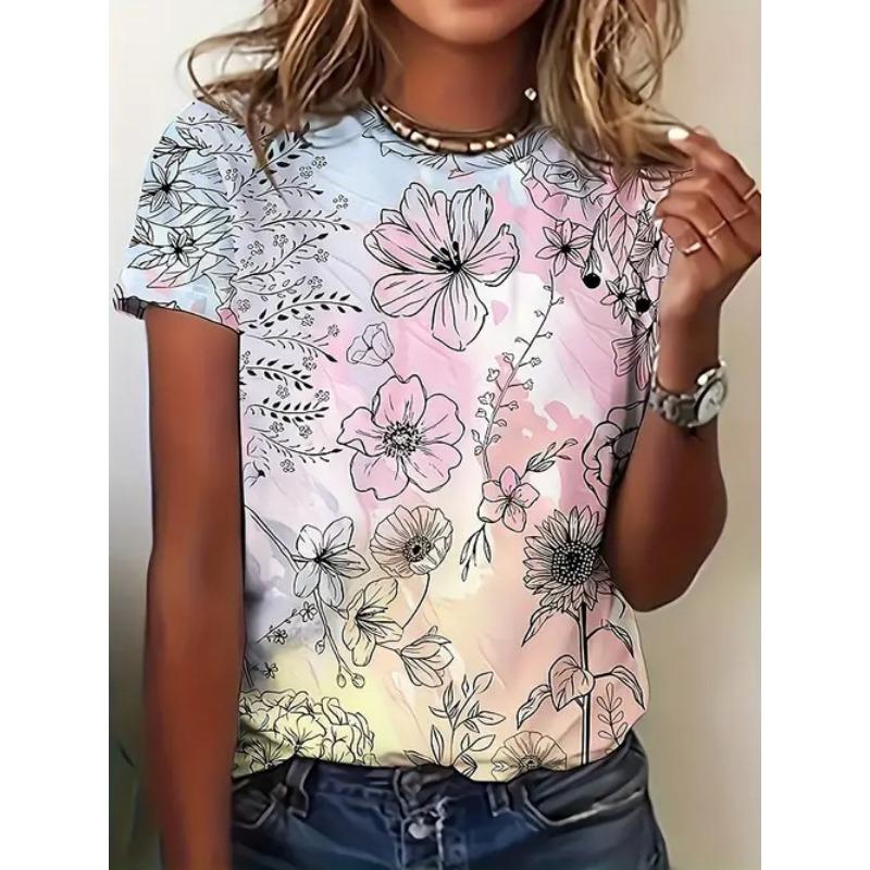 Women's Summer Casual Versatile Design 3D Printed Round Neck Short Sleeved T-shirt