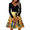 Women's Casual V-Neck Long Sleeve Vintage Halloween Print Dress