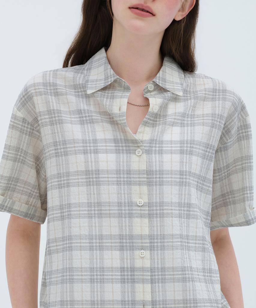 MUSINSA STANDARD WOMAN Women'S Oversized Crinkle Check Short Sleeve Shirt [Ivory]