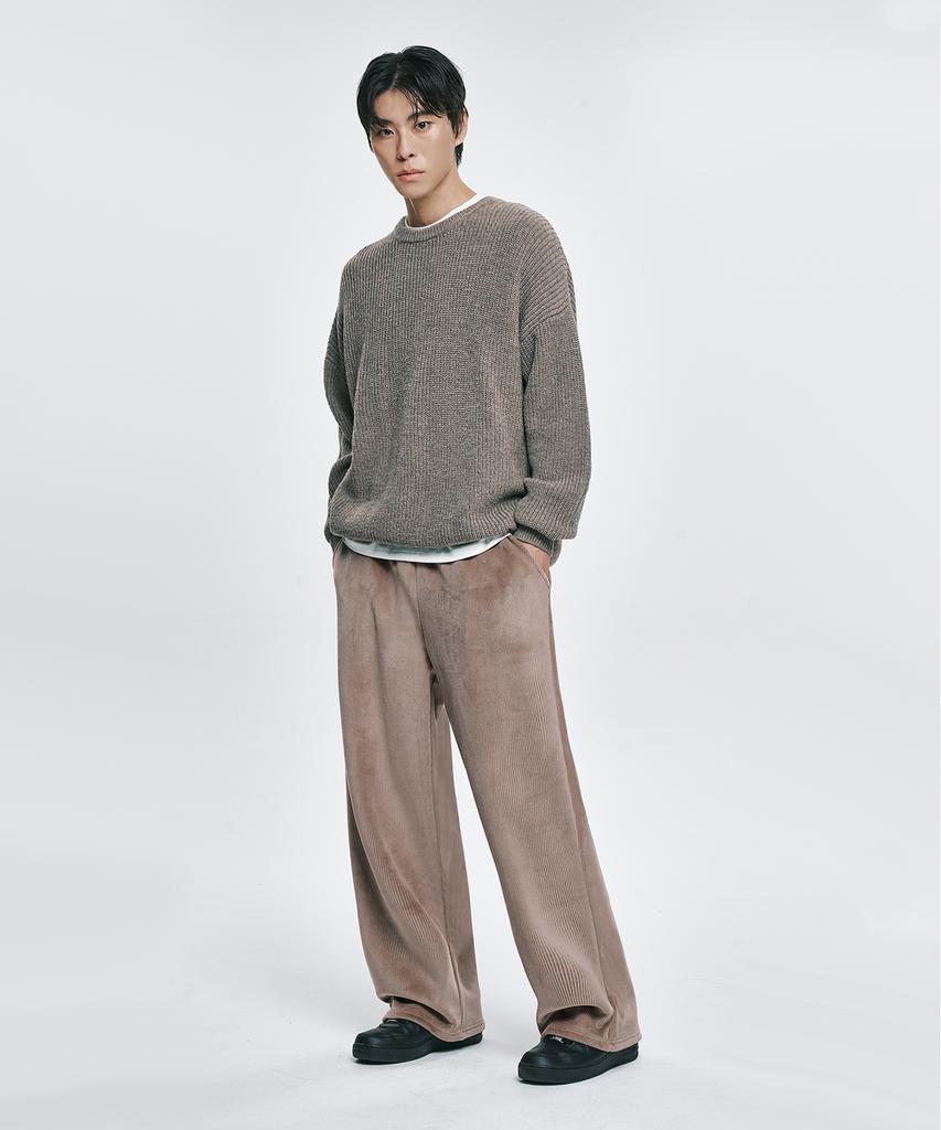 Atejeu Fleece Corduroy Wide Elastic Pants [Beige]