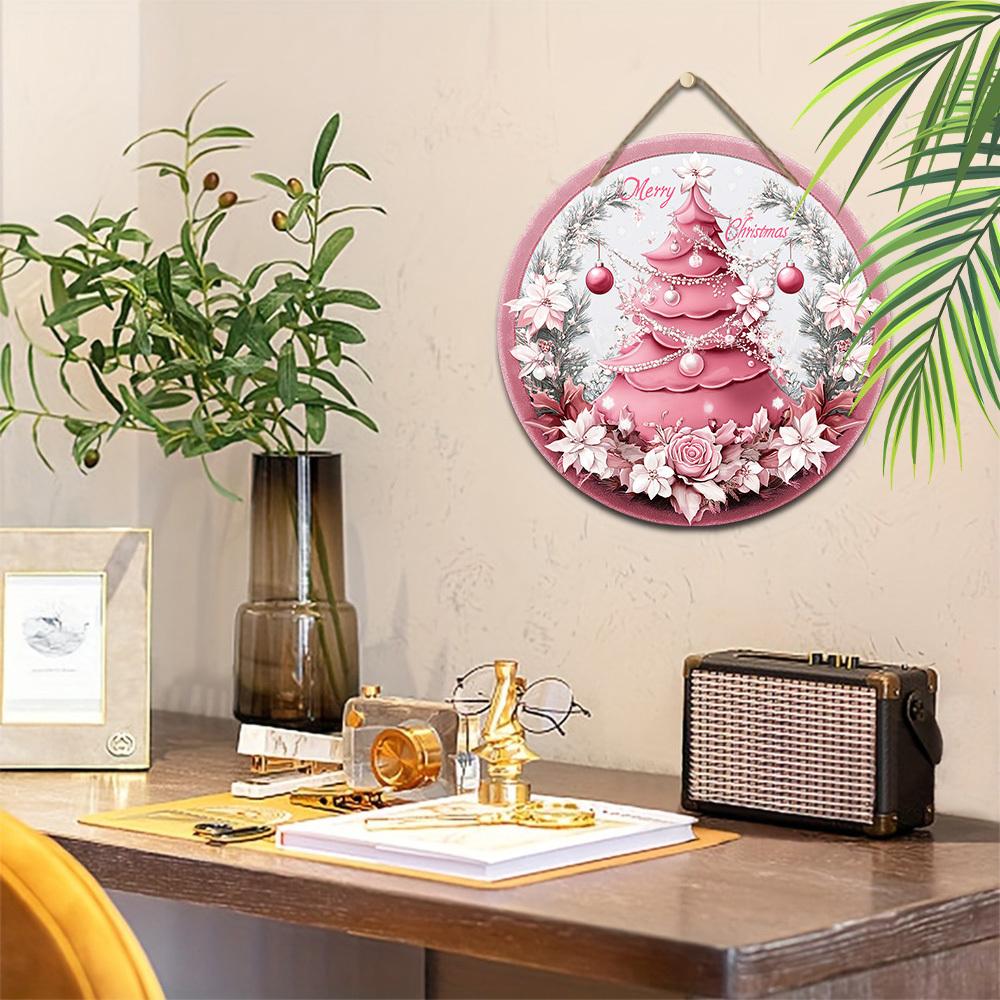 Wooden Pink Christmas Sign, Merry Christmas Round Ornament for Front Door Wall Hanging Decor, Ideal Christmas Gift