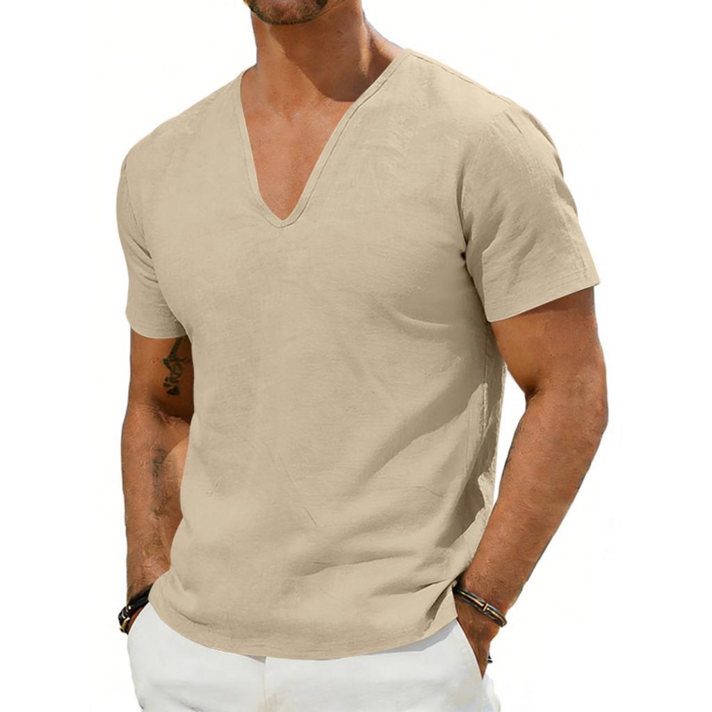 Men's New Beach Short-sleeve Casual Color Loose Deep V-neck Linen Top