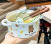 Korean Style Cute Heart Ceramic Noodle Bowl with Lid for Dorm or Bedroom Microwave Use
