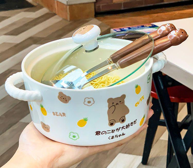 Korean Style Cute Heart Ceramic Noodle Bowl with Lid for Dorm or Bedroom Microwave Use