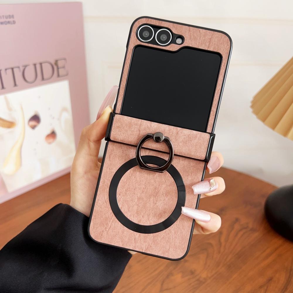 

Luxury Ring Stand Holder Leather Hinge Case For Samsung Galaxy Z Flip 6 5 4 3 5G Magnetic Wireless Charge Shockproof Soft Cover Galaxy Z Flip3 5G рожевий