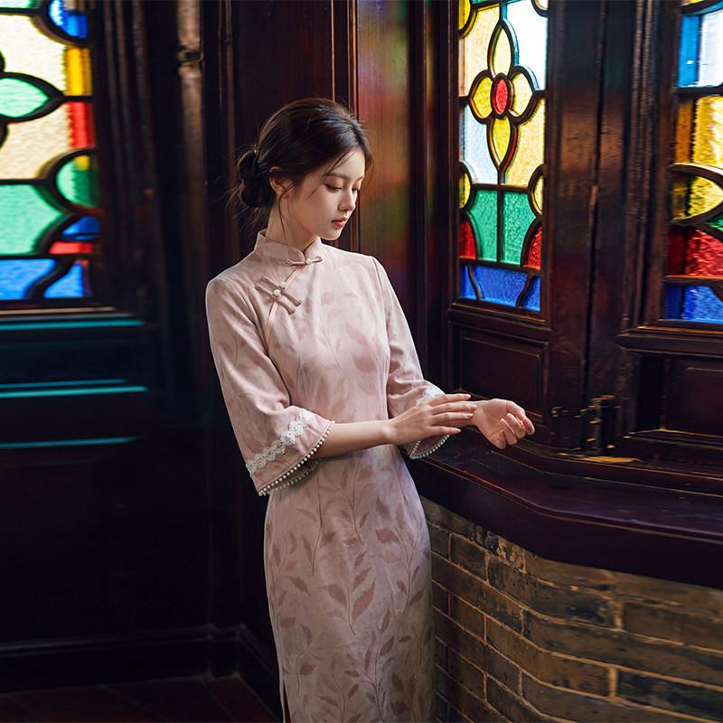 Pink New Chinese Suzhou Long-sleeved Autumn Cheongsam Medium-sleeved Improved Young 1011 New Women's High-end Spring and Autumn