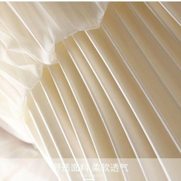 Summer Printed Mesh Pleated Skirt High Waist Slim Versatile Mid Length Half Length Skirt Wearing Women's Large Swing Skirt