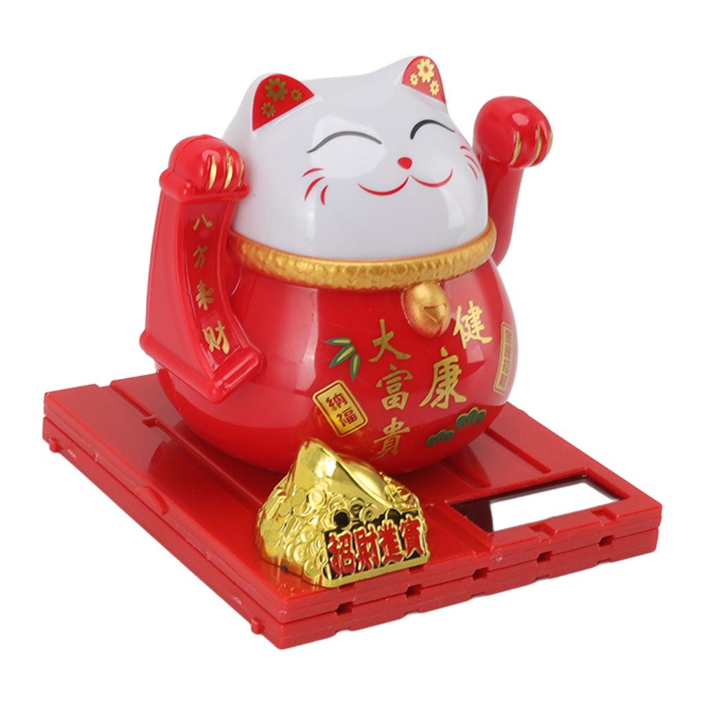 Solar Powered Waving Red Fat Cat Good Luck Wealth Welcoming Lucky Fortune Cat Home Room Office