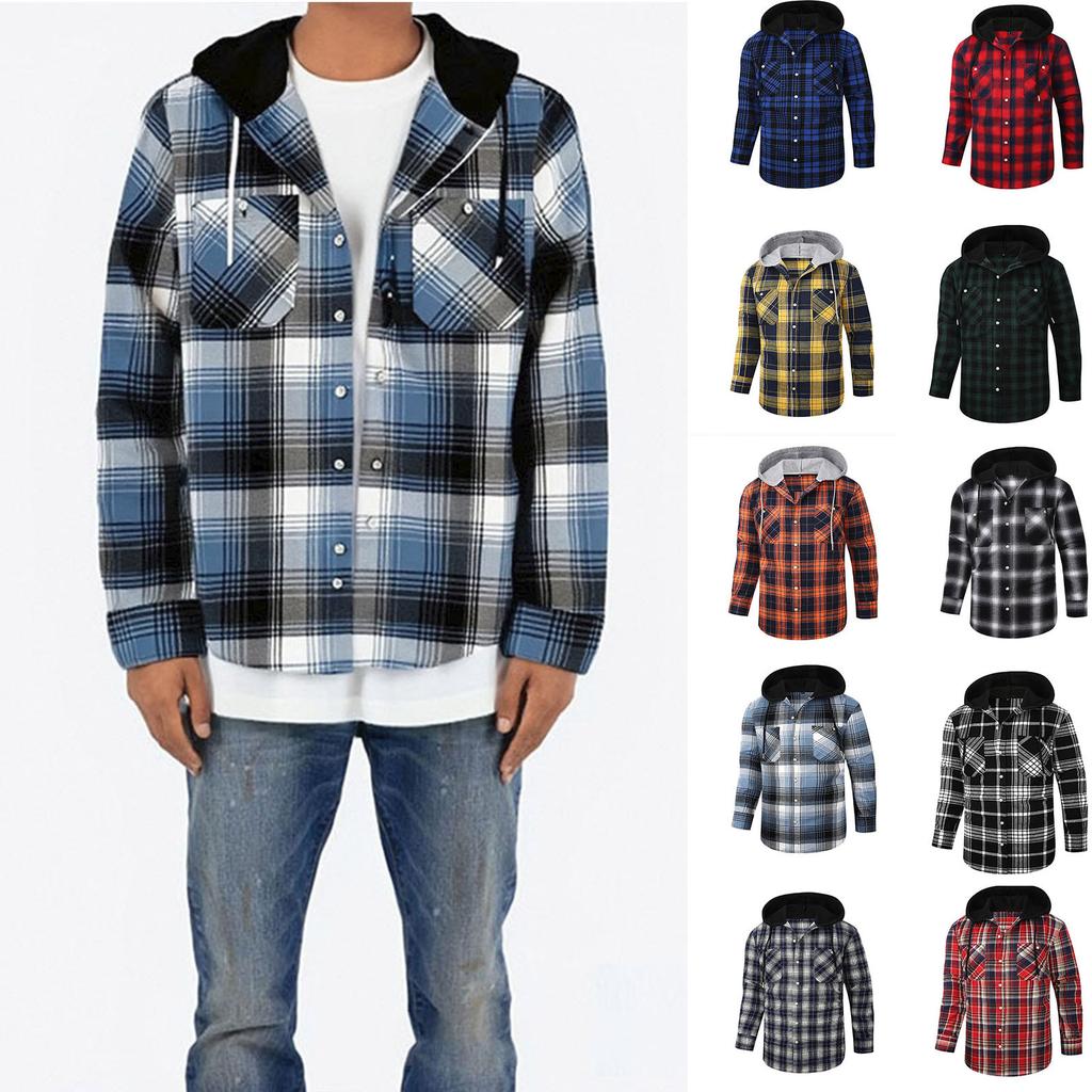 Mens Classic Plaid Long Sleeve Hooded Shirts Multi Pockets Thin Cotton Light Jacket Relaxed Fit Casual Outwear