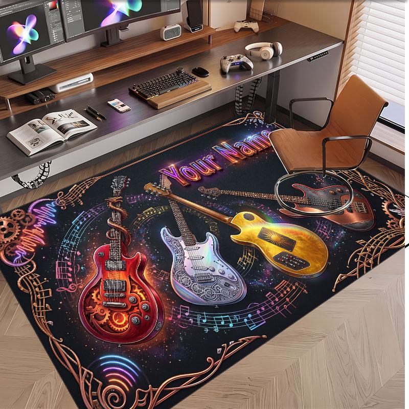 Music Guitar Theme Soft Crystal Velvet Rug Custom Name & Text Print Non Slip Floor Rug for Bedroom Living Room