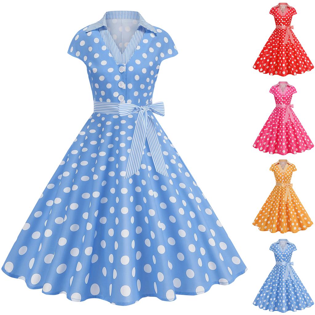 Damen Vintage Reverskragen Patchwork Polka Dot Ausgestelltes Kleid mit gestreiftem Taillengürtel Knopfleiste Vorne Retro Stil Swing Kleid