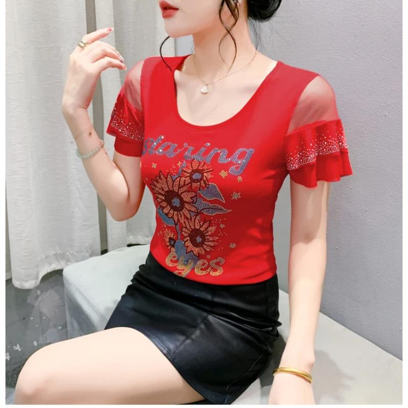 Summer Streetwear Girl Shiny Bling Rhinestone Floral T-shirt Sexy Off Shouler Short Sleeve Tops New Chic Women Elastic Slim Tees