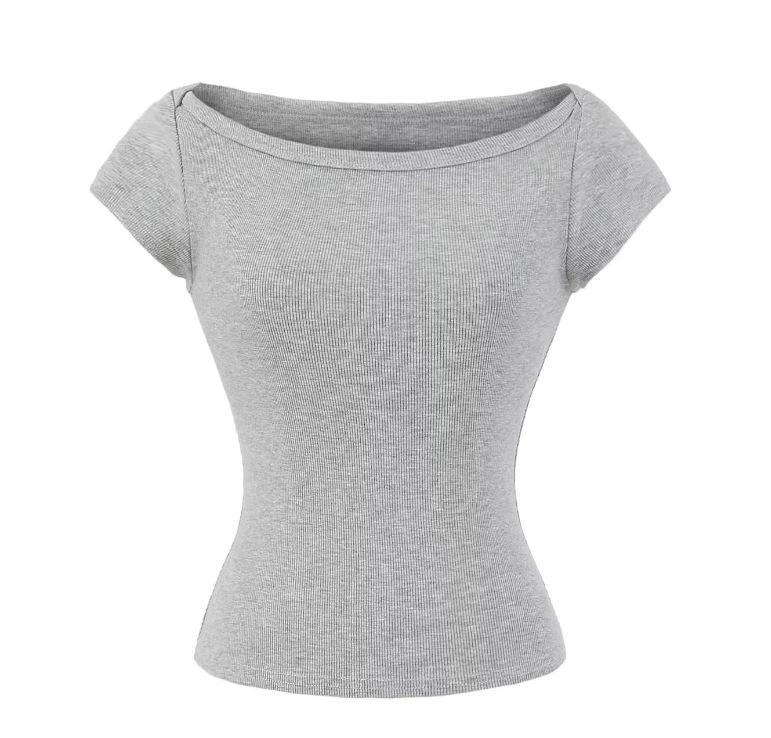 Boat collar short-sleeved T-shirt summer new female American Spice Girl style solid color slim-fitting and thin short bottomed shirt top