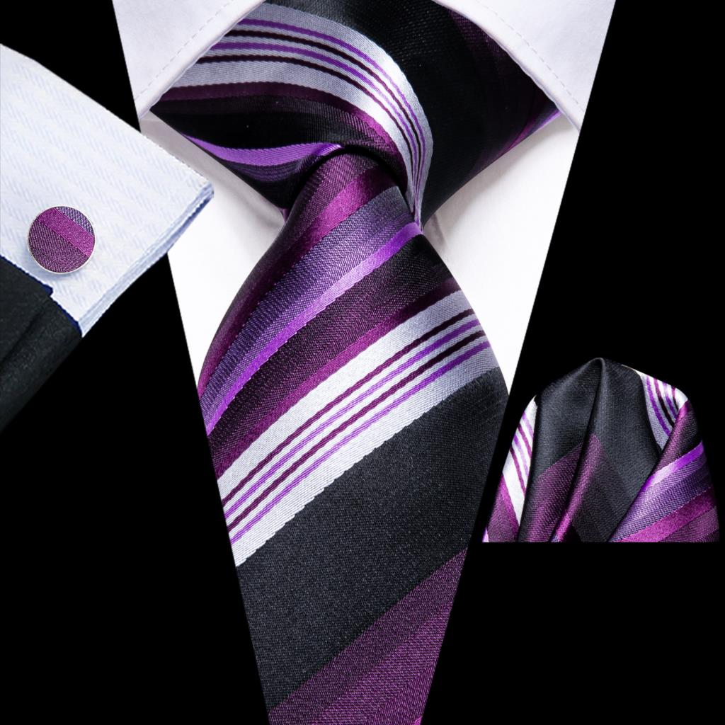Hi-Tie Navy Blue Striped Silk Wedding Tie For Men Fashion Design Gift Men Necktie Hanky Cufflink Set Business Party Dropshiping