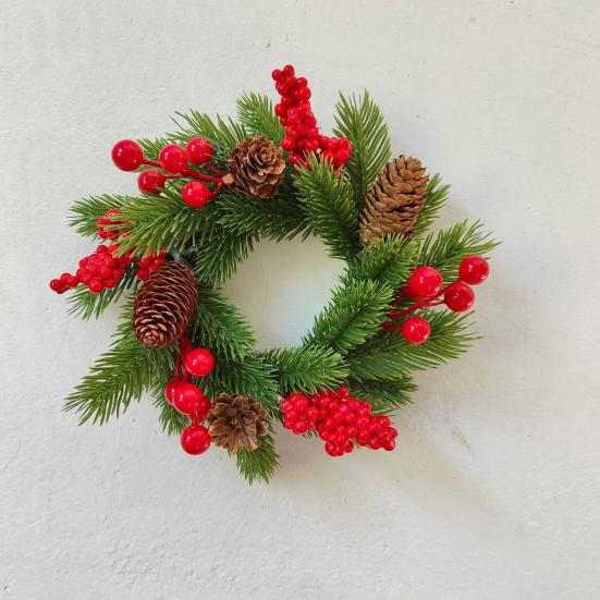 Christmas Candle Ring Wreath Artificial Red Berry Pinecone Pine Needles Candle Wreaths Small Tabletop Candle Holder for Home Party Fireplace Decor