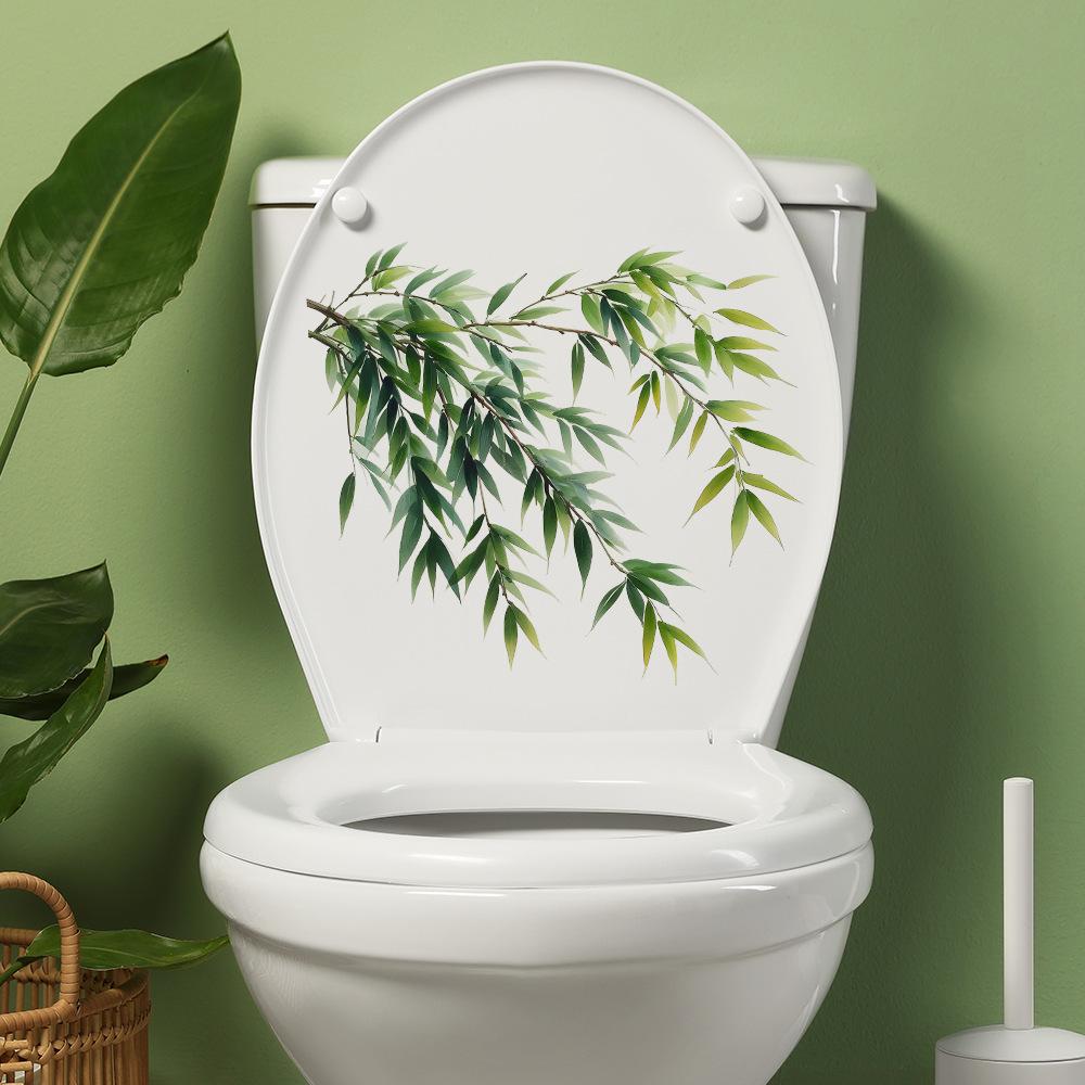 1pc Bamboo Leaves Toilet Lid Decal, Green Plant Bathroom Sticker, Plastic Home Wall Decor, Festive Christmas Decoration Gift