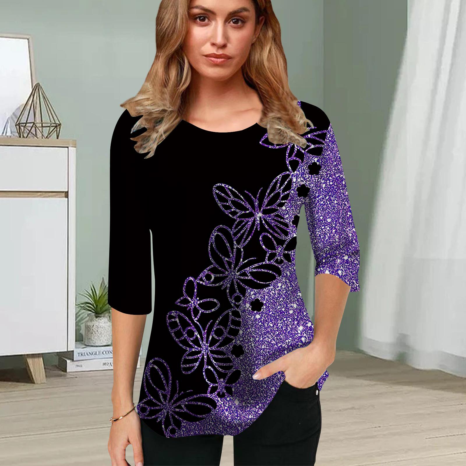 

Женская блузка с принтом 3D розовой бабочки, цветочные топы с коротким рукавом, летние повседневные топы, футболка с круглым вырезом и коротким рукавом 3XL фиолетовый