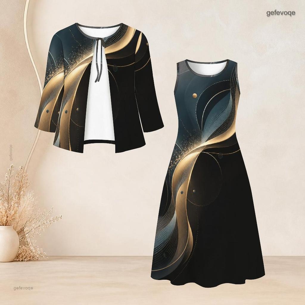 Women Plus Size Black Gold Printed Two Piece Set Bow Tie Neck Three Quarter Sleeve Cardigan Sleeveless Long Dress