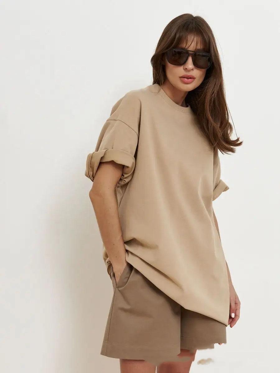 

2025 Весна и лето хлопковая футболка однотонная с короткими рукавами женская свободная большая версия молодежная женская одежда L хаки