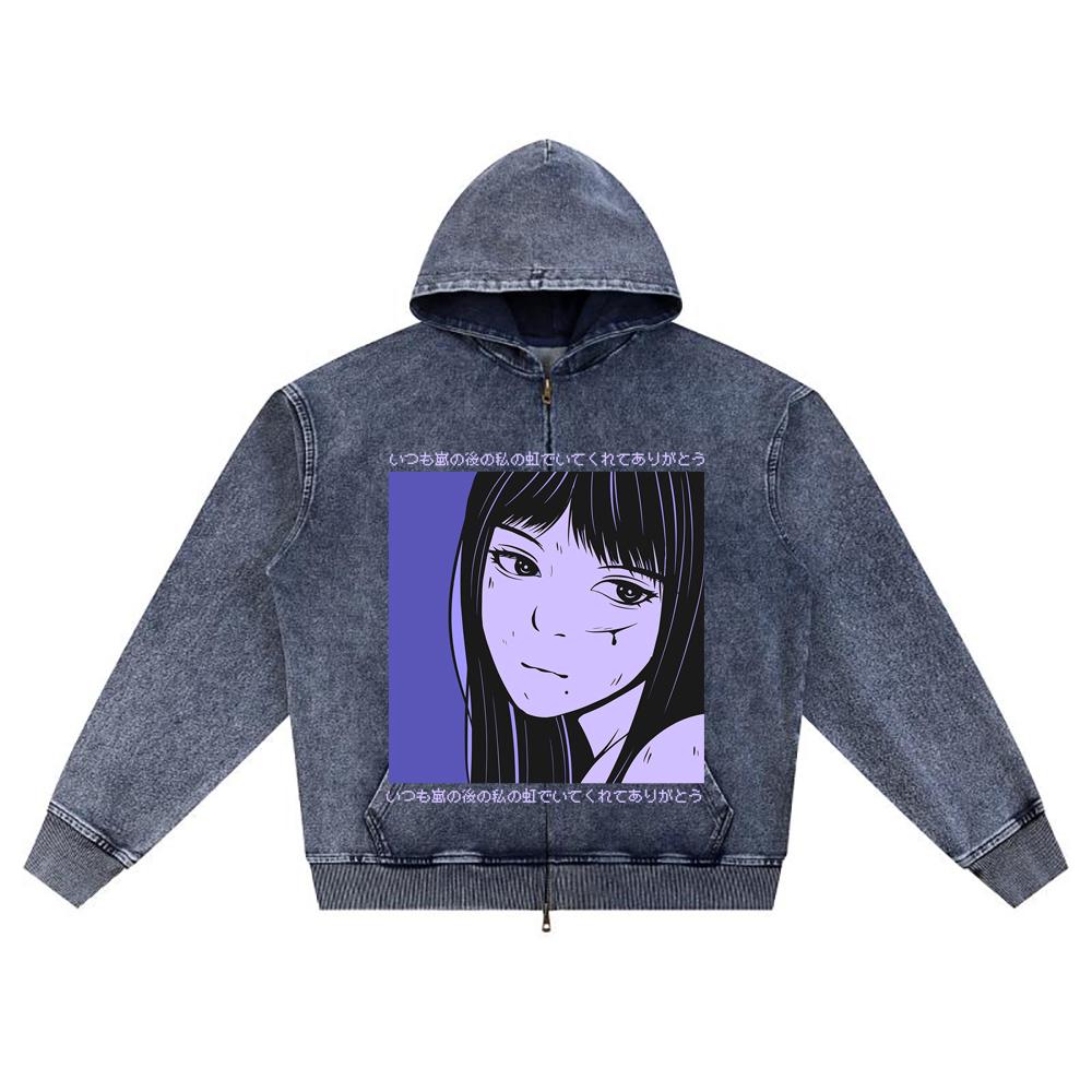 

DTG print Knitted Denim Zip-Up Hoodie anime streetwear 21 Brother Print Zipper Hoodies XL темно-синий