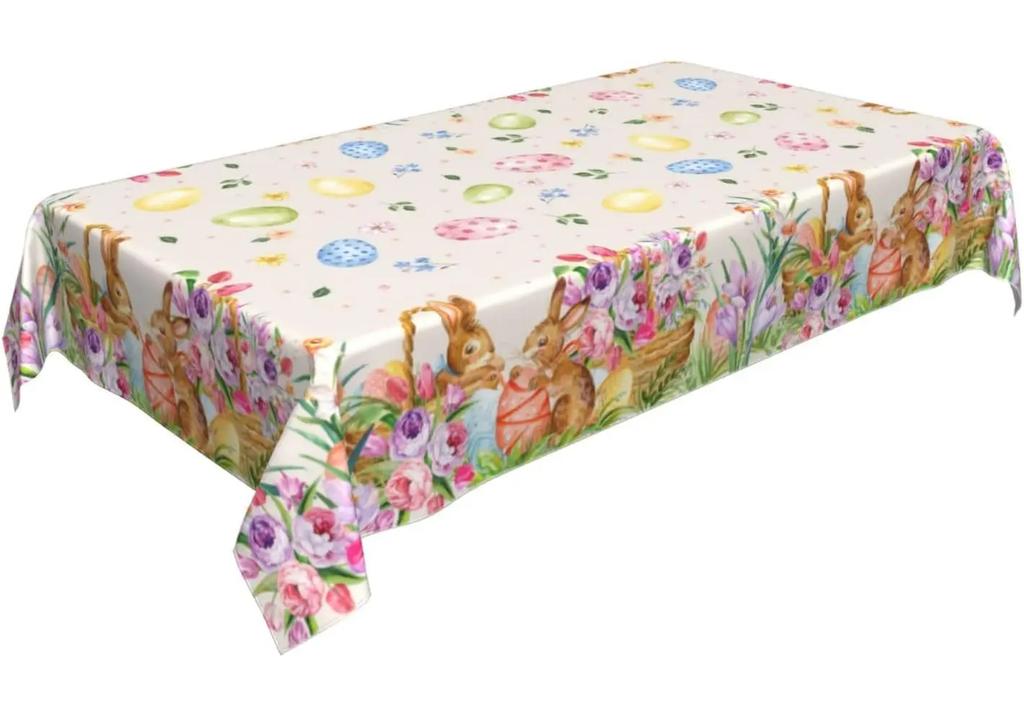 Easter Bunny Eggs Flowers Waterproof Tablecloths Easter Party Decorations Spring Tulip Florals Table Covers Dining Table Decor