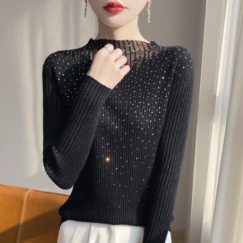 

Women s Slim-Fit Wool Sweater with Rhinestone Design, Solid Color Base Layer Large