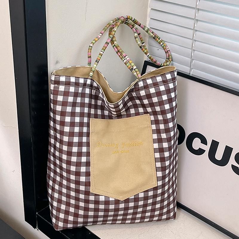 American double-sided bag plaid canvas bag women's tote bag retro contrasting color hand bag spring new parent-child bag