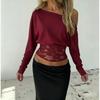 Damen Ein Schulter Spitze Patchwork Top - Sexy Slim Fit Schulterfrei Langarm Einfarbiges Hemd