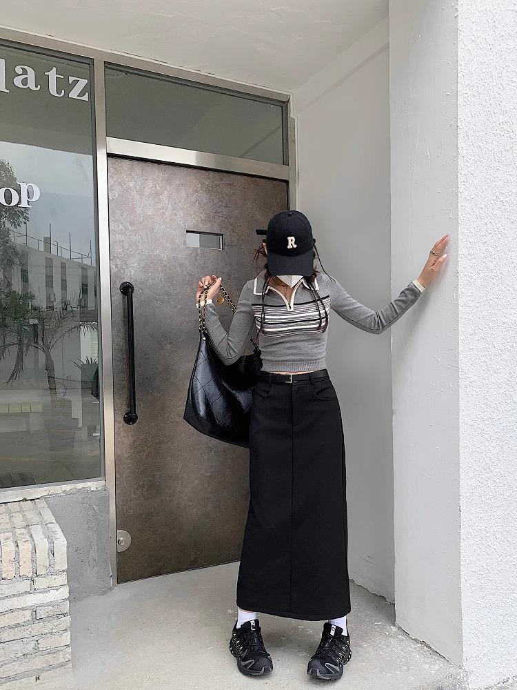 Plus Size Slimming Grey A-Line Midi Skirt with Slit