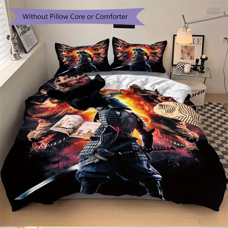 3pcs Samurai Dragon Bedding Set Soft Polyester Down Comforter Cover and Pillowcases, Suitable for All Seasons, Practical Gifts for the Home 0729096
