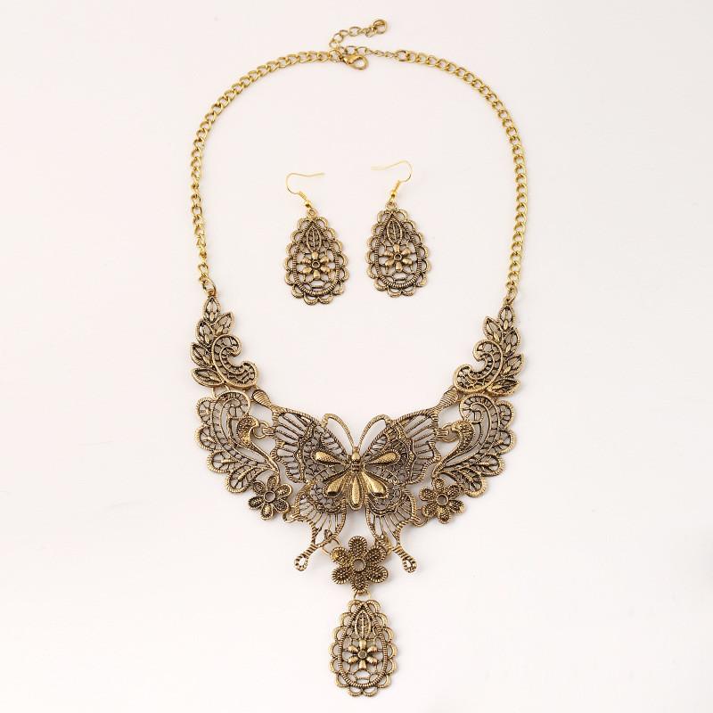 

Fashion Hollowed Out Butterfly And Flower Design Women Necklace Earring Set For Collectors And Holiday Gifts золотий