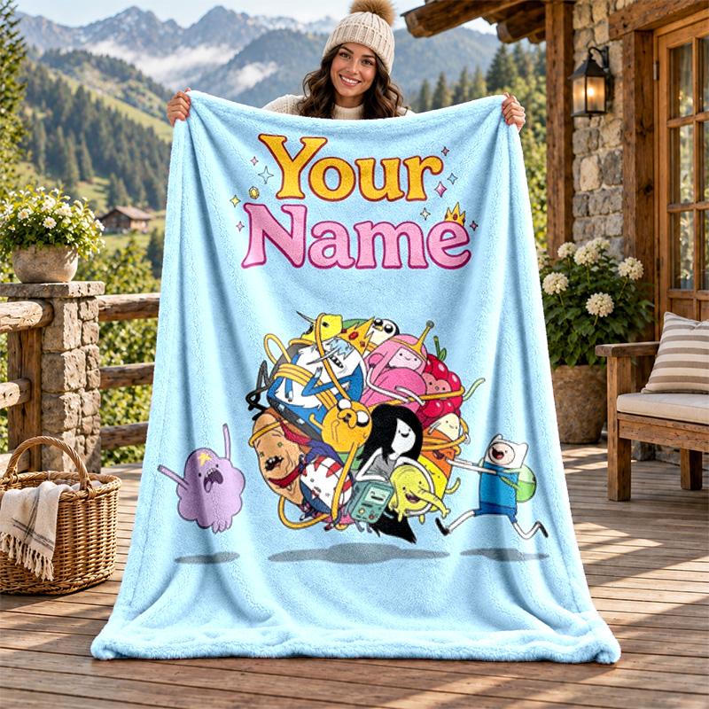 Adventure Time Custom Name Flannel Blanket Personalized Soft Warm Plush Throw Blanket Customized Gift for Family Friends